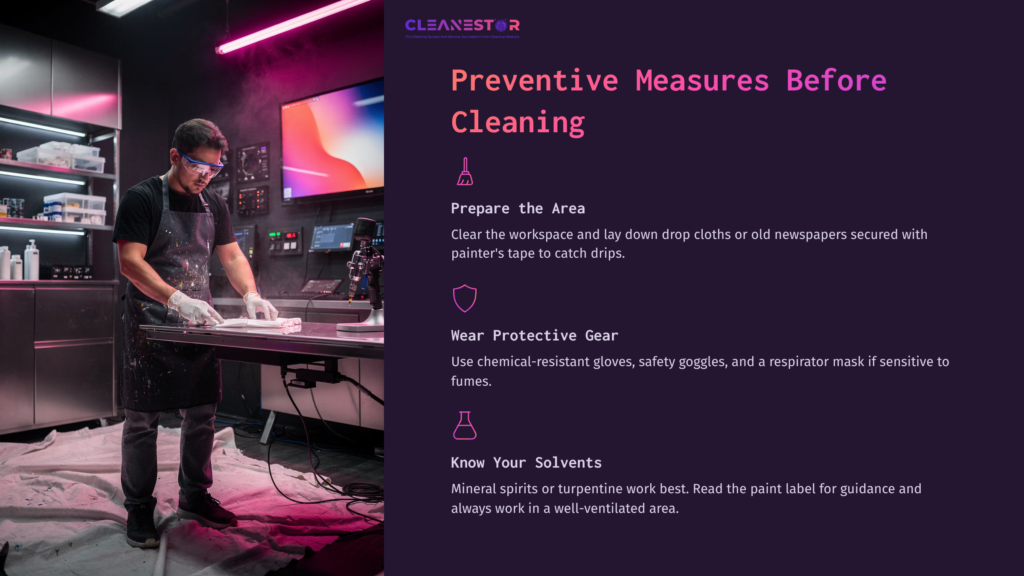 4 Preventive Measures Before Cleaning A Person Wearing Gloves And Protective Gear Cleans A Workspace With Tools And Paint Supplies, Surrounded By Vibrant Colored Lighting.