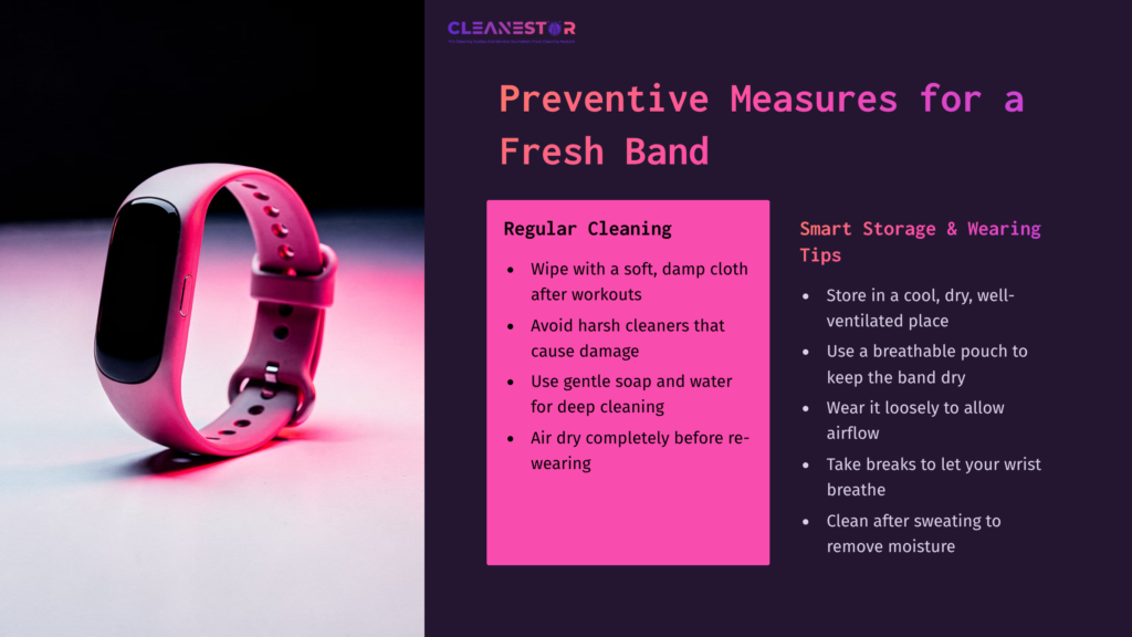 Pink Fitbit Band Positioned On A Surface With Purple Lighting, Accompanied By Cleaning And Care Tips In Contrasting Text Layout.