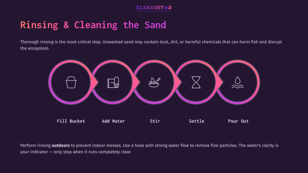 Five-Step Infographic In Purple And Pink, Outlining The Process Of Rinsing And Cleaning Play Sand For Aquariums. Steps Include Filling A Bucket, Adding Water, Stirring, Settling, And Pouring.