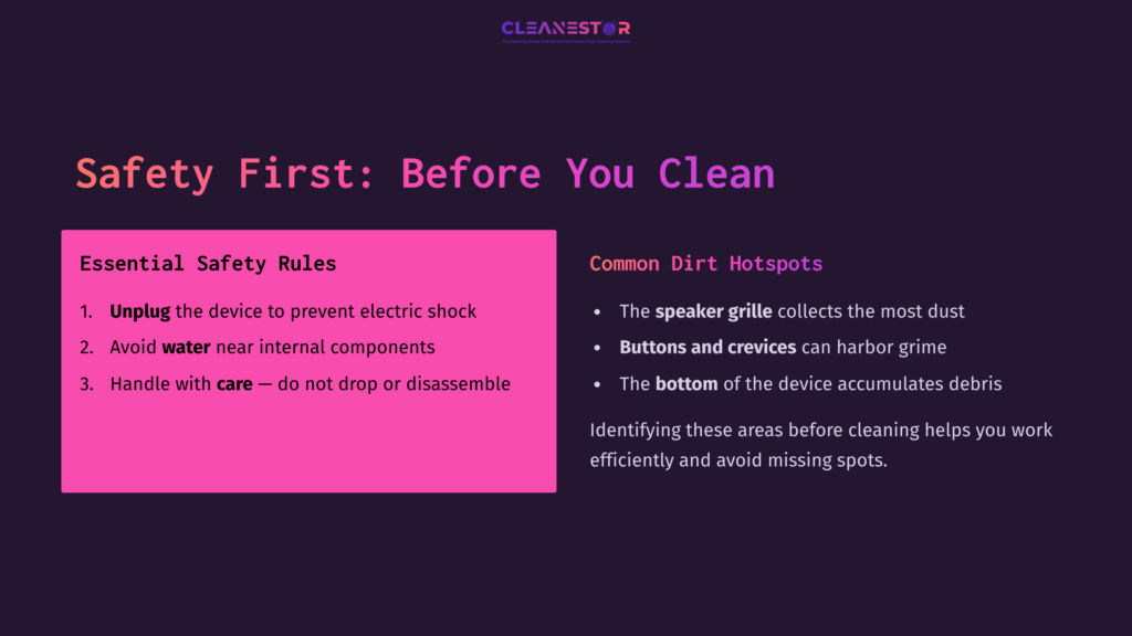 Text On A Purple Background Highlights Cleaning Safety Rules For Alexa Echo, With Pink Box Outlining Essential Tips And Common Dirt Hotspots.