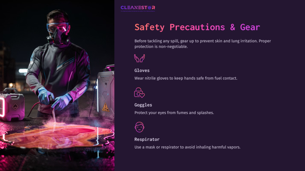 Person In Protective Gear, Including Gloves And Goggles, Stands Beside A Spill Of Pink Tiki Torch Fuel, Emphasizing Safety Precautions.