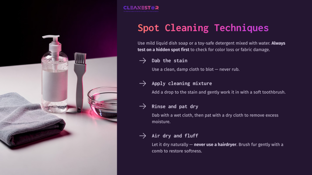 4 Spot Cleaning Techniques 1 A Bottle Of Dish Soap, A Cleaning Brush, A Bowl Of Water, And A Microfiber Cloth, Illustrating Steps For Cleaning Stuffed Animals.