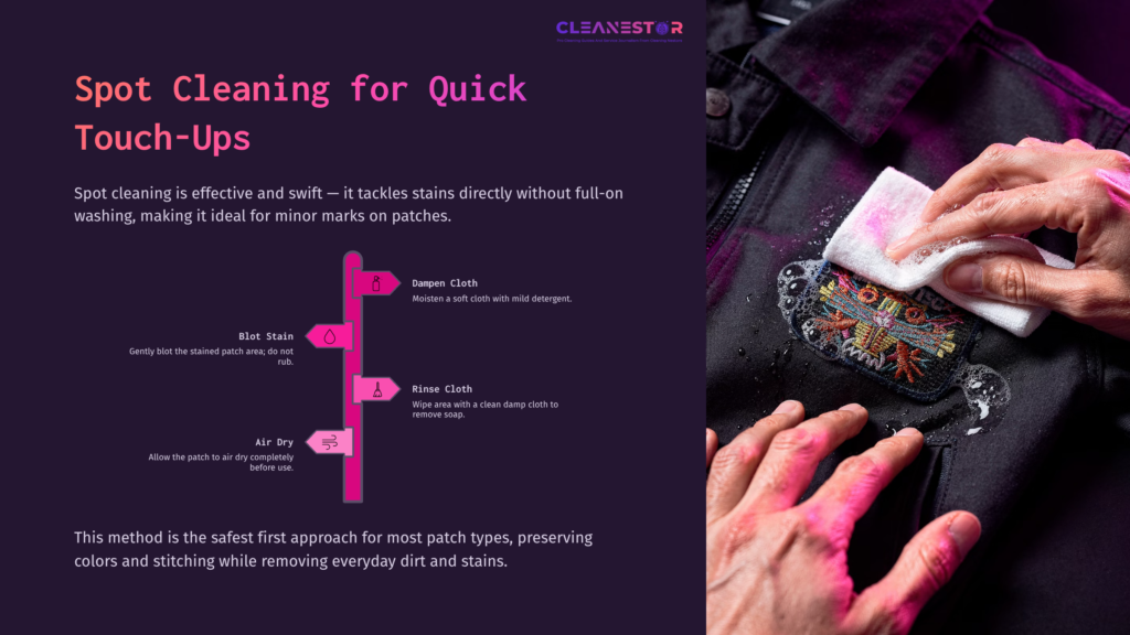 Visual Guide For Cleaning Letterman Jacket Patches, Featuring A Cleaning Process With Icons, A Stained Patch, And Colorful Visuals.