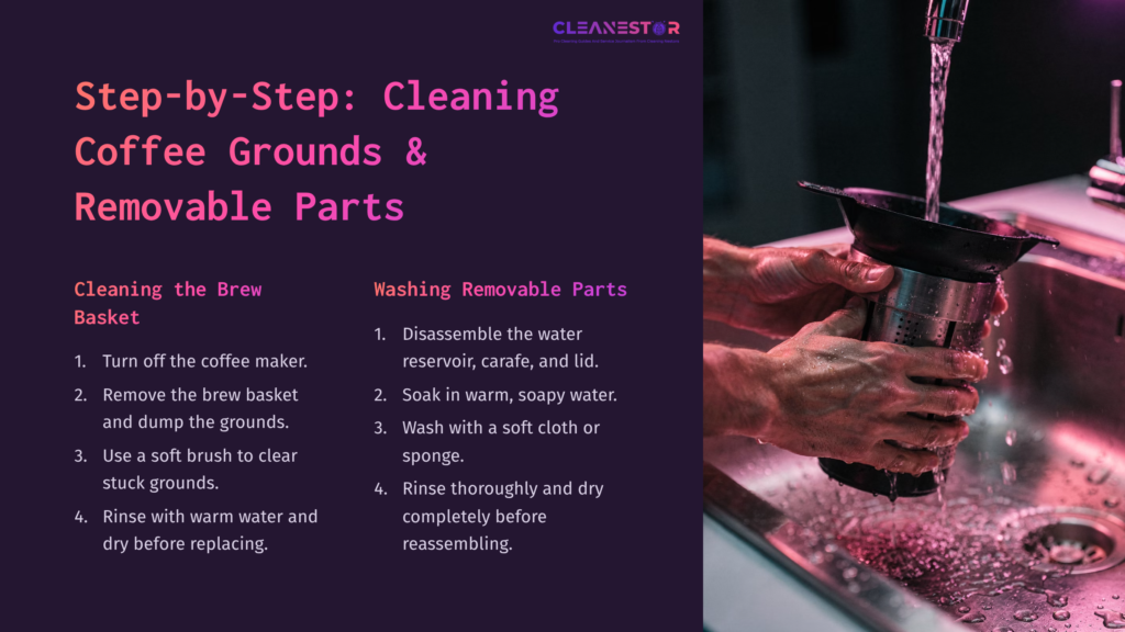 Step-By-Step Guide On Cleaning A Ninja Coffee Maker, Featuring Hands In A Sink Washing Parts, With A Purple And Black Color Scheme.