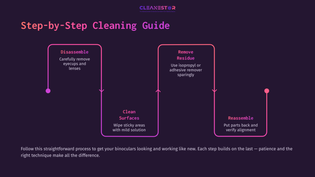 Step-By-Step Cleaning Guide With Pink Arrows On A Dark Background, Outlining Disassembly, Cleaning, And Reassembly Of Binoculars.
