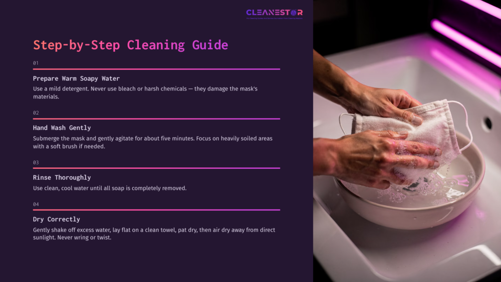 Step-By-Step Cleaning Guide For A Vogmask, Featuring A Hand Washing Process At A Sink With Soapy Water And A Gentle Scrub.