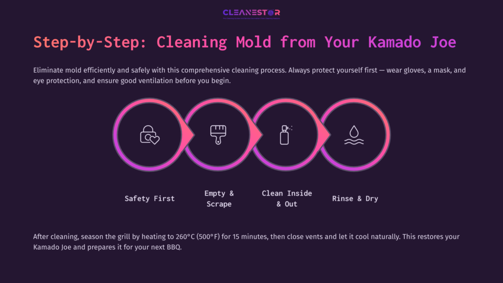 Infographic Detailing Steps To Clean Mold From A Kamado Joe Grill, Using Icons For Safety, Cleaning, And Rinsing, With A Dark Background.