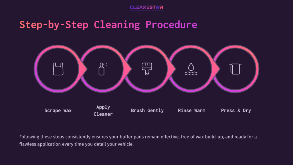Graphic Outlining A Step-By-Step Cleaning Procedure For Car Wax Buffer Pads, Featuring Colorful Icons And Instructions In Five Stages.