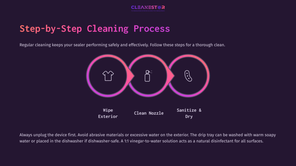 Step-By-Step Instructions For Cleaning A Foodsaver Sealer, Featuring Icons For Exterior Wipe, Nozzle Clean, And Sanitizing.