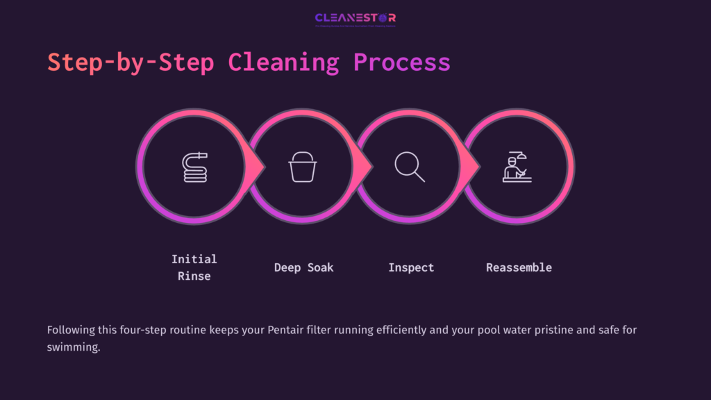 Four Step Icons For Cleaning A Pentair Filter: Rinse, Soak, Inspect, And Reassemble, Set Against A Dark Purple Background.