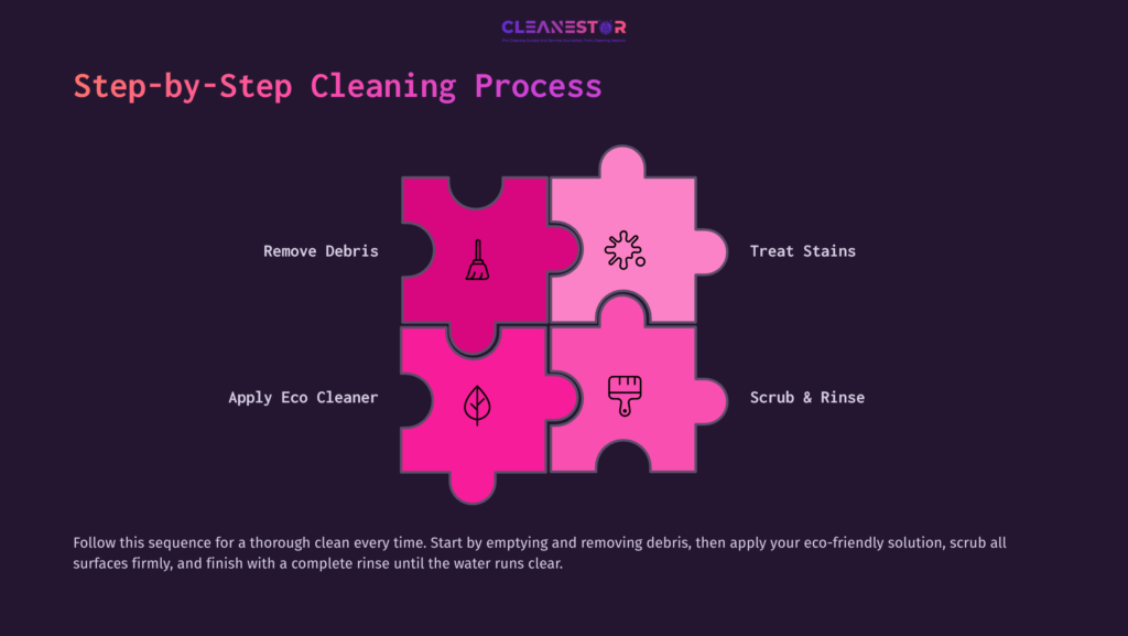 Four Pink Puzzle Pieces On A Dark Background Illustrate A Step-By-Step Rain Barrel Cleaning Process: Remove Debris, Treat Stains, Apply Eco Cleaner, Scrub And Rinse.