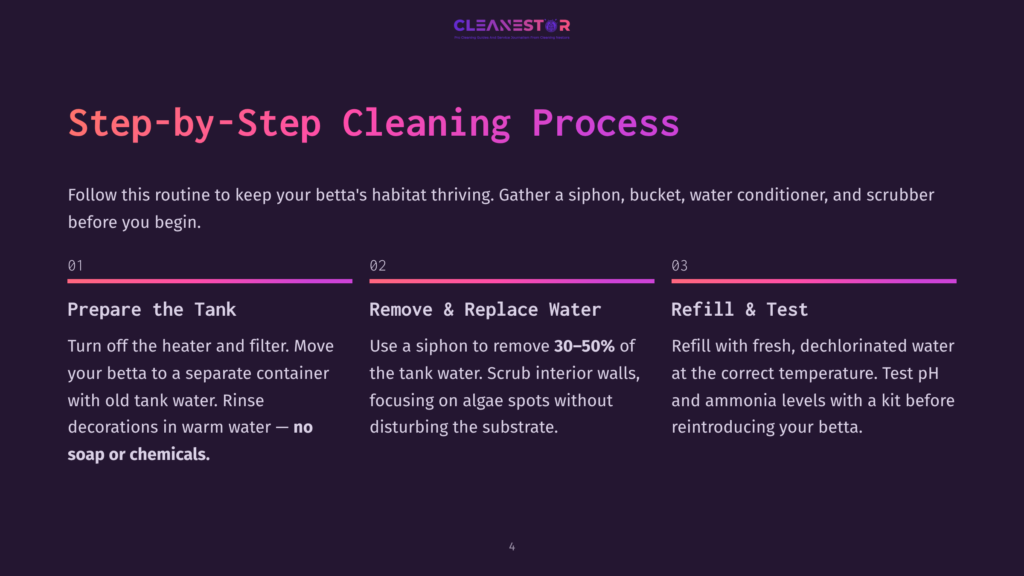 Step-By-Step Guide To Cleaning A Betta Fish Tank, Featuring Text Detailing The Process: Prepare The Tank, Remove &Amp; Replace Water, And Refill &Amp; Test. The Background Is A Dark Purple Gradient With The Cleanestor Logo At The Top.