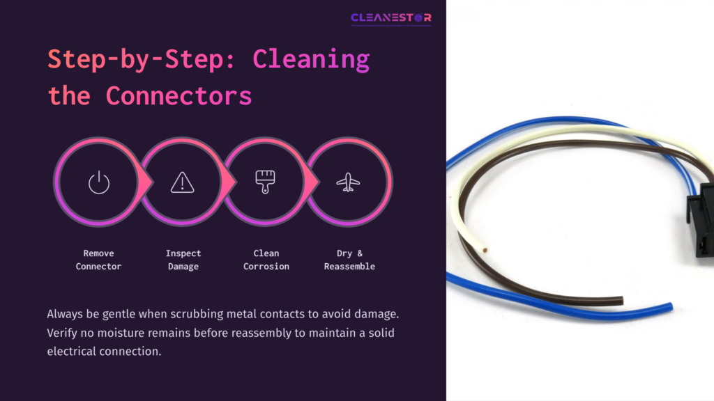4 Step By Step Cleaning The Connectors Four-Step Infographic On Cleaning Headlight Connectors Features Bold Text, Icons For Each Step, And A Close-Up Of A Blue And Beige Connector Wire.
