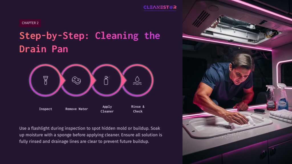 A Person Using A Sponge To Clean A Rv Air Conditioner Drain Pan, With A Pink-Lit Interior And Icons Illustrating Cleaning Steps.