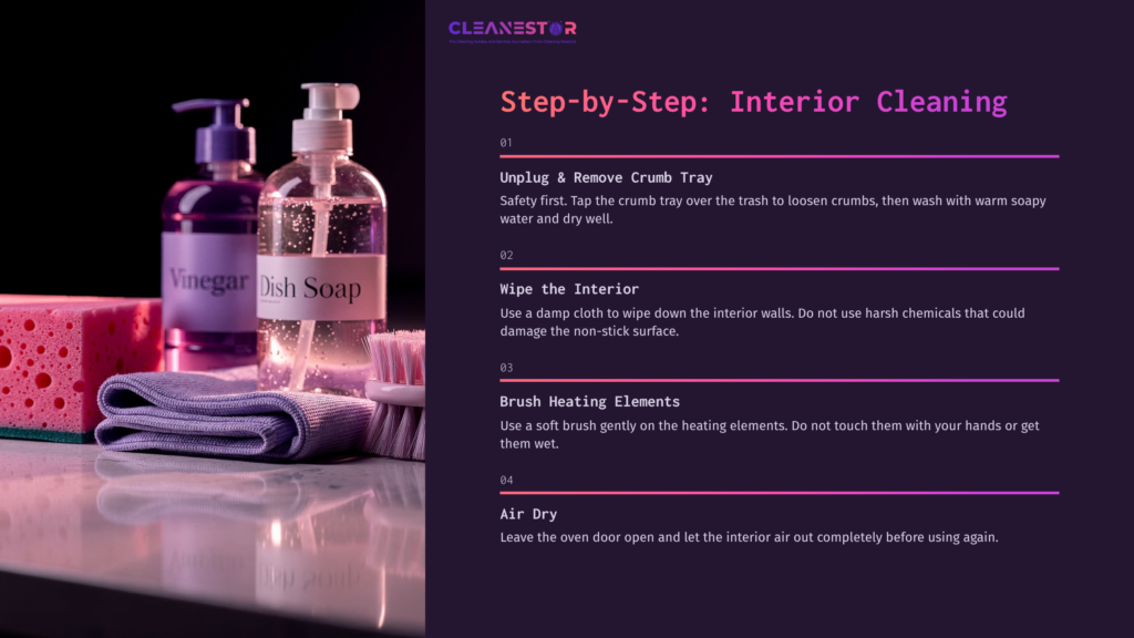 Cleaning Supplies For A Breville Toaster Oven: Pink Vinegar And Dish Soap Bottles, A Sponge, And A Cloth On A Purple Background.
