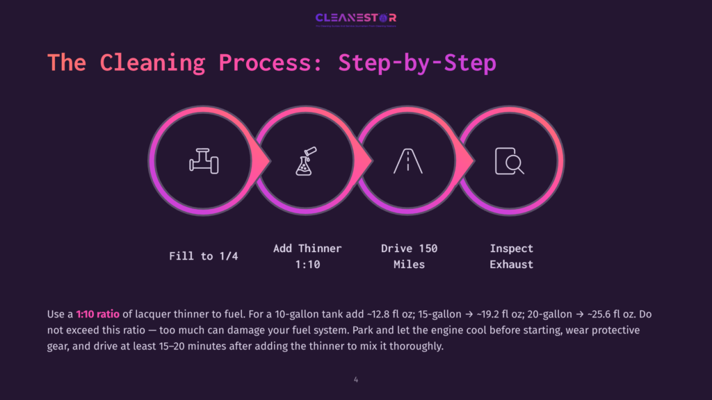 Infographic Illustrating The Cleaning Process: Fill To 1/4, Add Thinner 1:10, Drive 150 Miles, Inspect Exhaust. The Cleaning Process Step-By-Step.