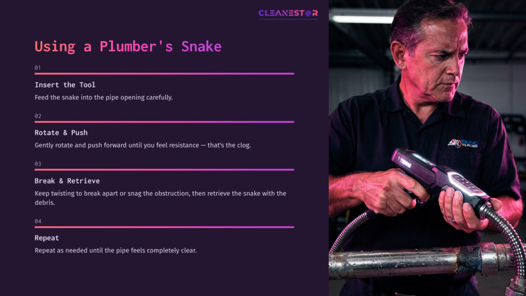 A Person Using A Plumber'S Snake To Clear A Corrugated Drain Pipe, With Steps Displayed In Bold Text Beside Them In A Workshop Setting.