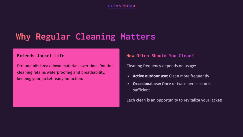 Text On A Dark Background Emphasizes The Importance Of Cleaning A Columbia Jacket, Highlighting Extended Jacket Life In Pink.