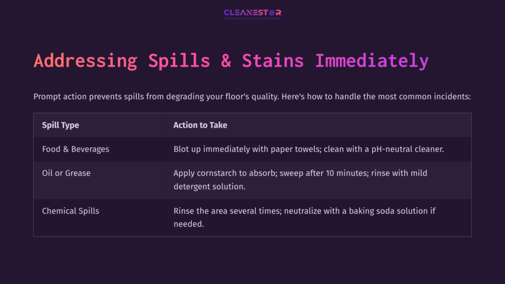 On A Dark Purple Background, Text Outlines Steps To Address Spills On Pebble Tec Floors, Including Specific Actions For Food, Oil, And Chemical Stains.
