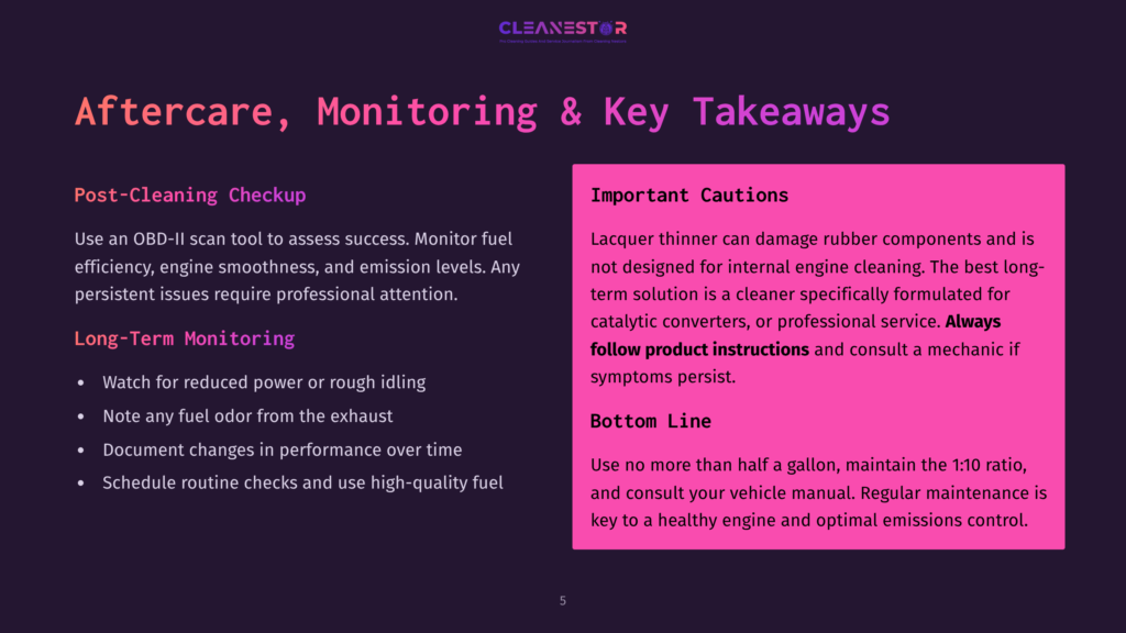 Cleanestor Logo With Text &Quot;Aftercare, Monitoring &Amp; Key Takeaways&Quot; And &Quot;Post-Cleaning Checkup&Quot; And &Quot;Important Cautions&Quot; On A Dark Purple Background.