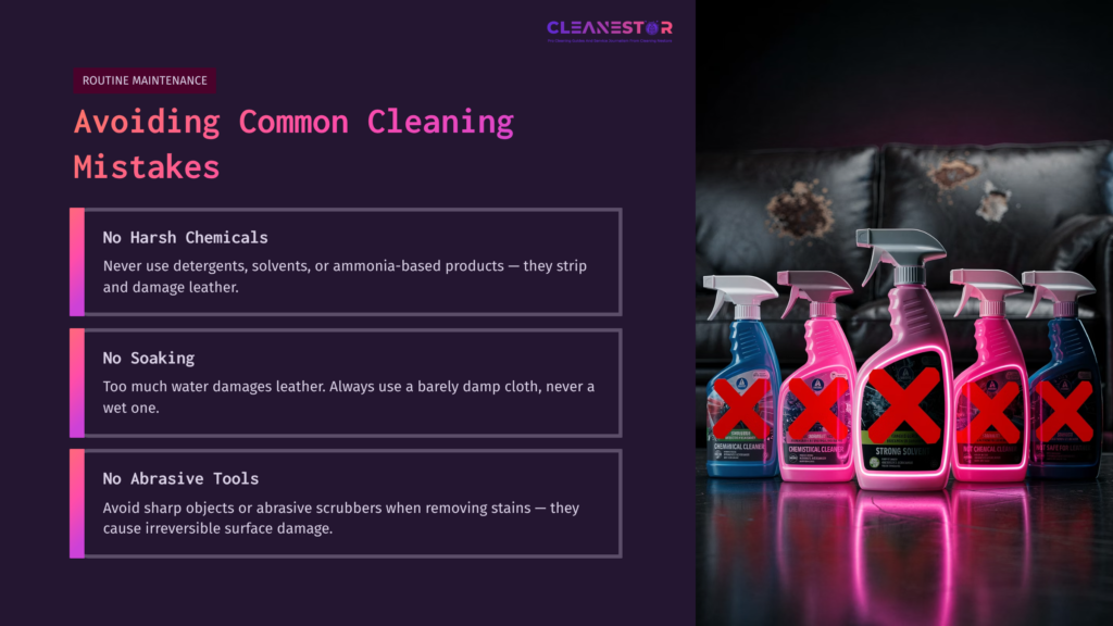 Cleaning Products In Vibrant Pink And Blue Bottles, With Red X Symbols, Displayed In A Dark Setting Alongside Cleaning Tips In White Text.