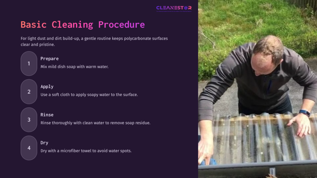 5 Basic Cleaning Procedure 1 Man Scrubbing A Polycarbonate Surface With A Soapy Cloth, Surrounded By Greenery, Next To A Step-By-Step Cleaning Guide.