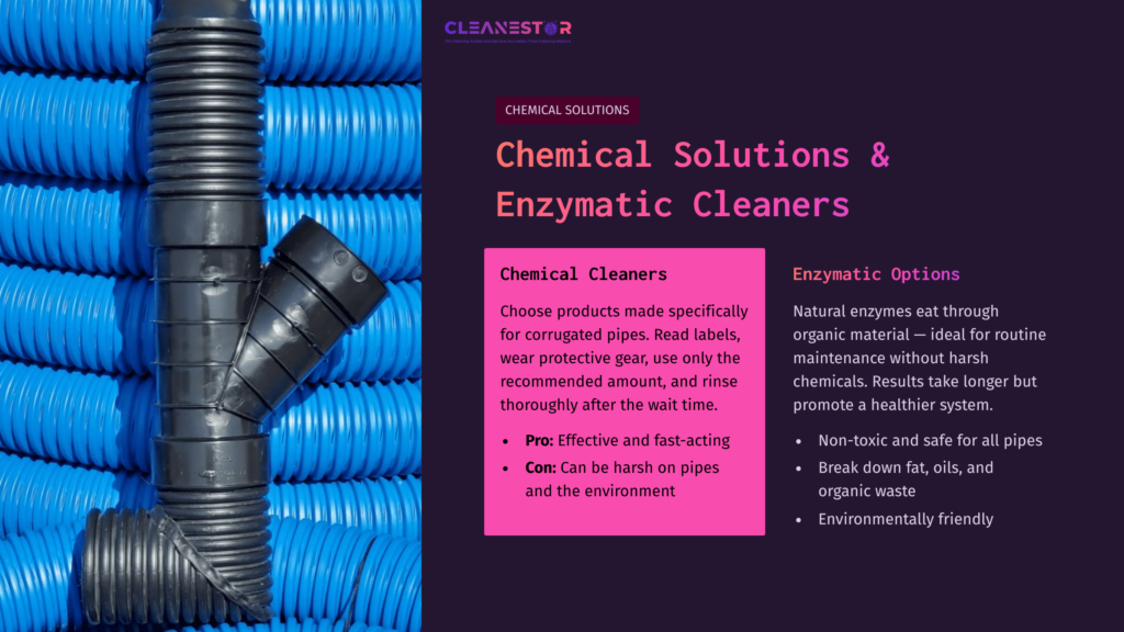 Blue Corrugated Drain Pipes With A Black Connector, Accompanied By Text Detailing Chemical Cleaners And Enzymatic Options For Maintenance.