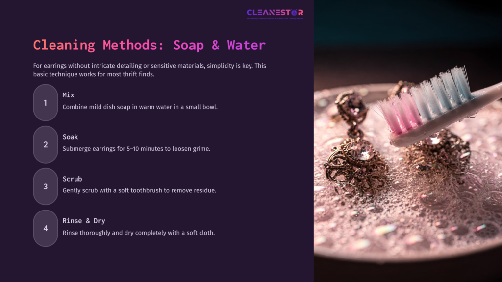 5 Cleaning Methods Soap And Water A Small Bowl With Soapy Water, A Toothbrush With Pink And Blue Bristles, And Earrings Soaked In The Bowl, With Cleaning Steps Beside.