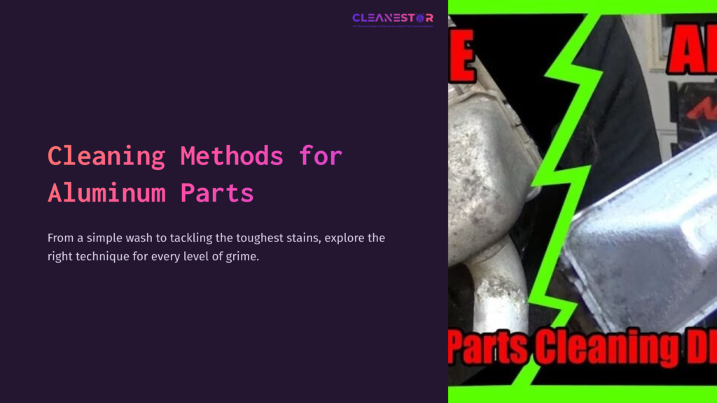 Aluminum Parts With Visible Grime And Stains, Set Against A Contrasting Purple Background And Green Accents, Highlighting Cleaning Methods.