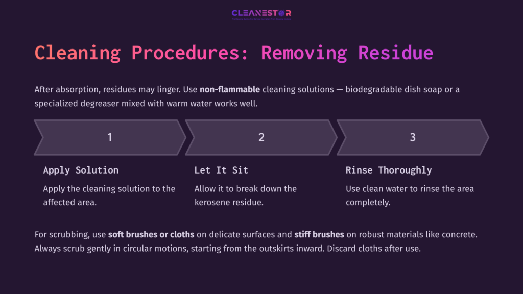 Graphic Outlining Cleaning Procedures For Kerosene Spills, Including Steps: Apply Solution, Let It Sit, And Rinse Thoroughly. Text In Vibrant Colors On A Dark Background.