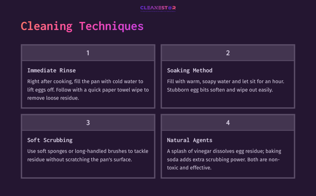 Four Cleaning Techniques For Scrambled Egg Pans: Immediate Rinse, Soaking Method, Soft Scrubbing, And Natural Agents, Presented In A Clear Layout.