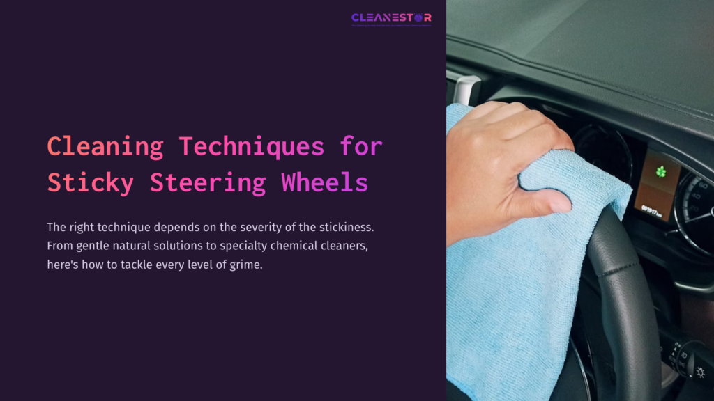 A Hand Holding A Blue Cloth Wipes A Steering Wheel, With A Dashboard And Car Controls In The Background. Text Provides Cleaning Tips.