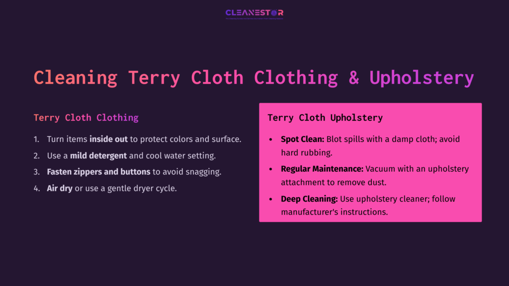 Instructions For Cleaning Terry Cloth Clothing And Upholstery, Featuring A Bold Pink And Purple Layout With Key Cleaning Tips.