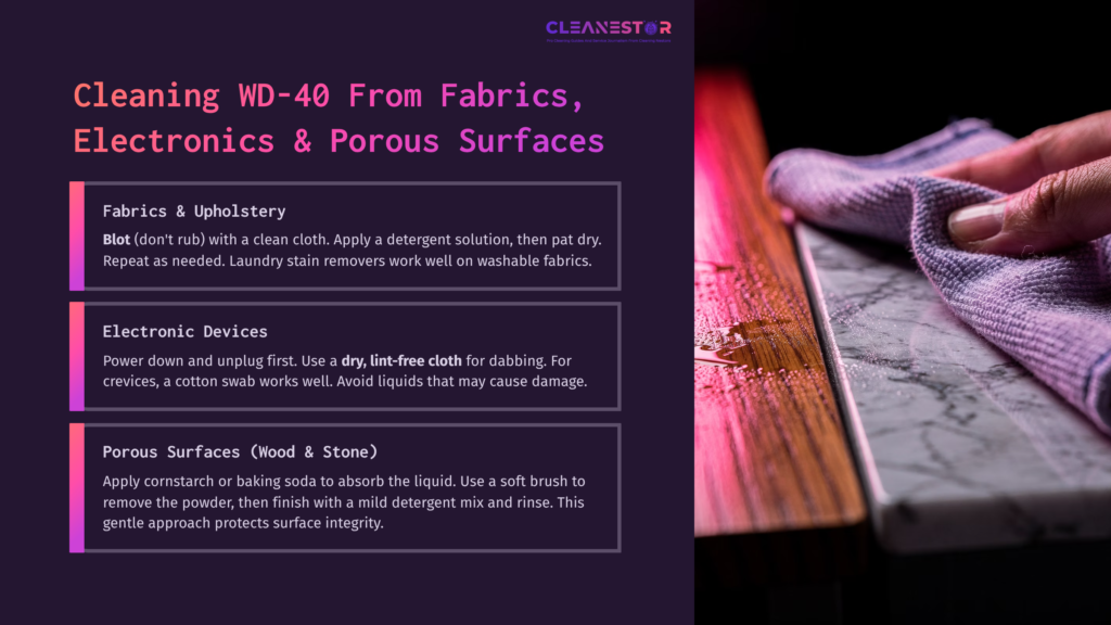 Guide On Cleaning Wd-40: A Purple Cloth Wipes A Wooden Surface Alongside Instructions For Fabrics, Electronics, And Porous Surfaces.