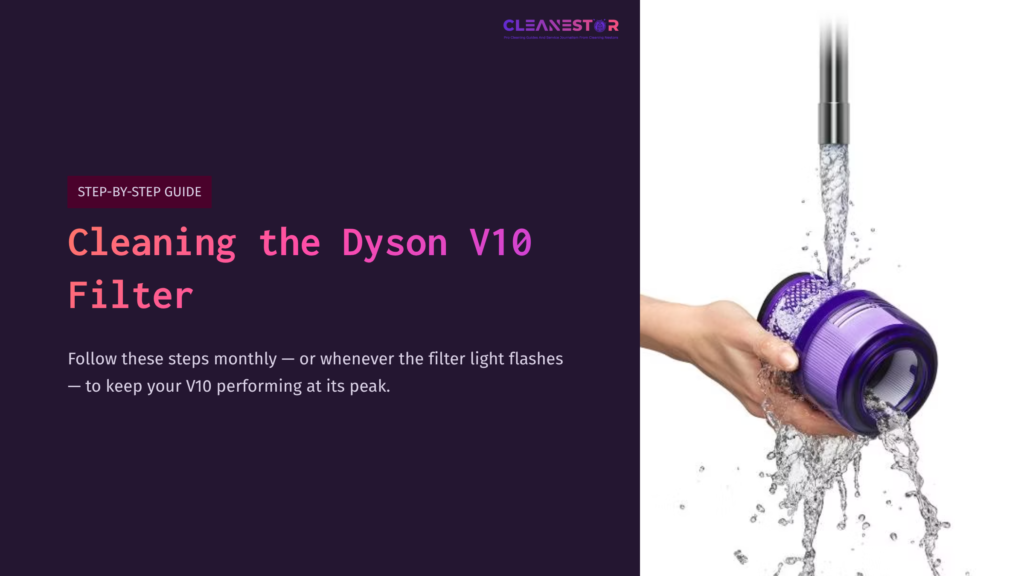A Hand Holds A Purple Dyson V10 Filter Under Running Water, Demonstrating Cleaning With Splashes Around It, Against A Dark Background.