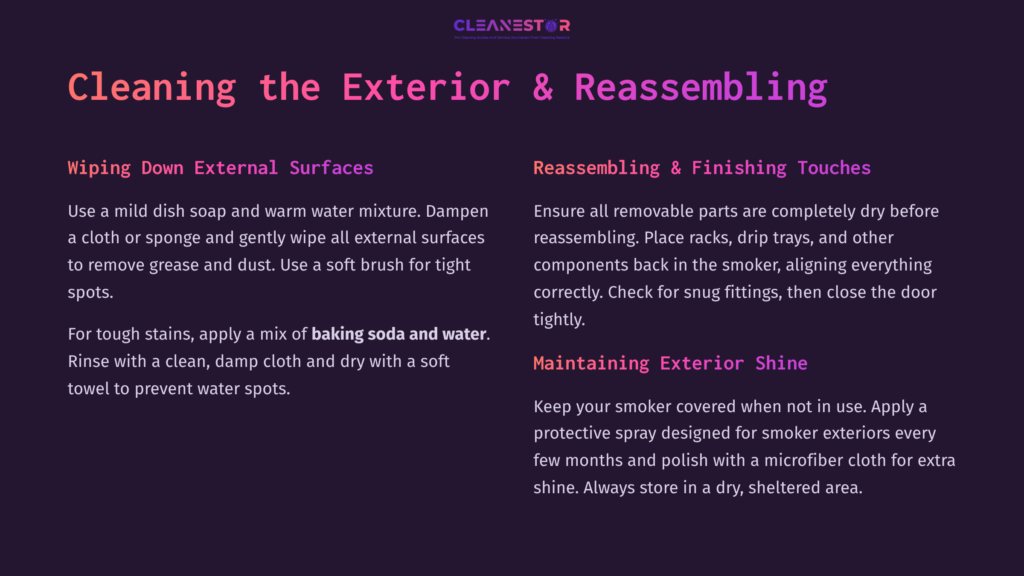 Text Instructions On A Dark Background Detail Cleaning And Maintaining A Masterbuilt Smoker, Highlighting Exterior Cleaning Steps And Reassembling.