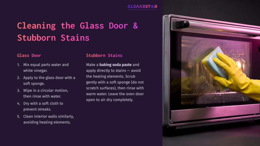 Cleaning Instructions Displayed For A Breville Toaster Oven, Featuring A Glass Door, Sponge, And Tips For Removing Stains, Against A Purple Background.