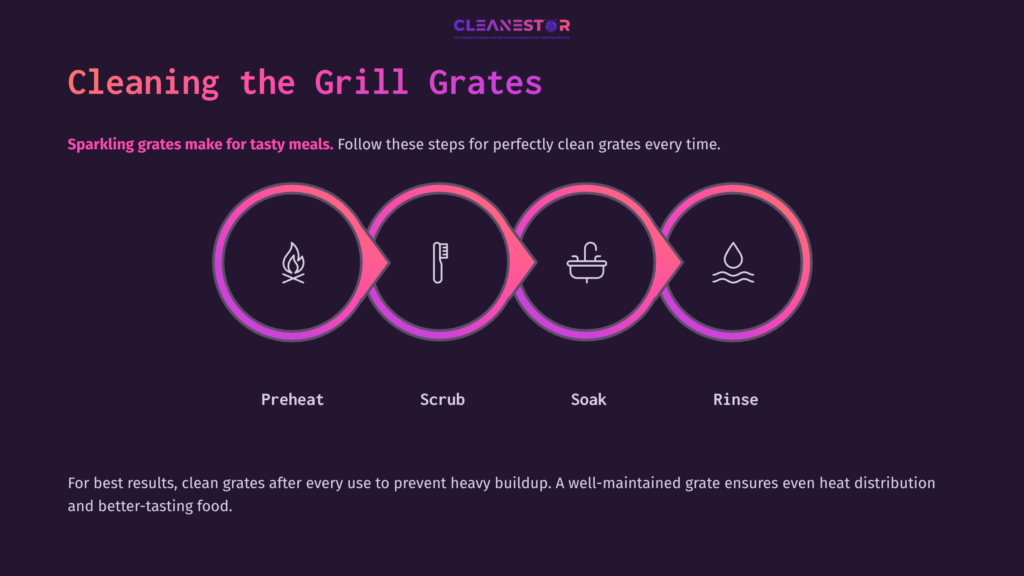 Colorful Infographic With Circular Icons For Each Cleaning Step: Preheat (Flame), Scrub (Brush), Soak (Bucket), Rinse (Water) On A Dark Background.