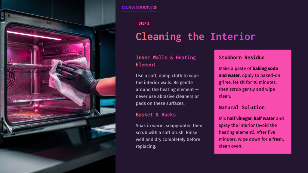 5 Cleaning The Interior A Person In Black Gloves Wipes The Interior Of A Ninja Foodi Air Fryer With A Cloth, Showing Cleaning Instructions In Bold Text.