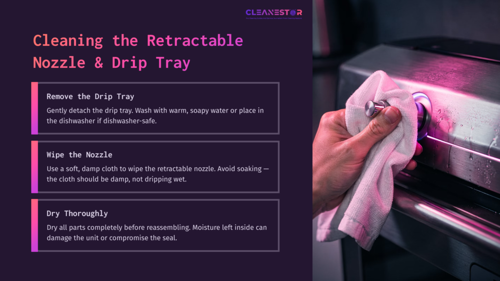 Guidelines For Cleaning A Foodsaver Handheld Sealer, Featuring A Hand Wiping The Nozzle, With Text Instructions On A Dark, Modern Background.