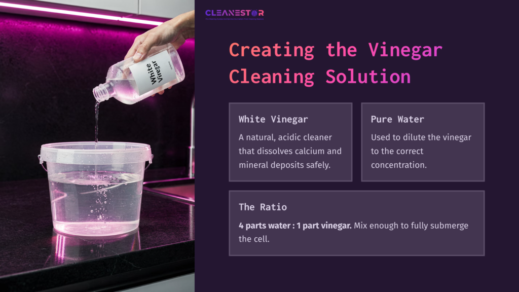 A Person Pouring White Vinegar Into A Bucket Of Water, With Text Instructions On Creating A Vinegar Cleaning Solution.