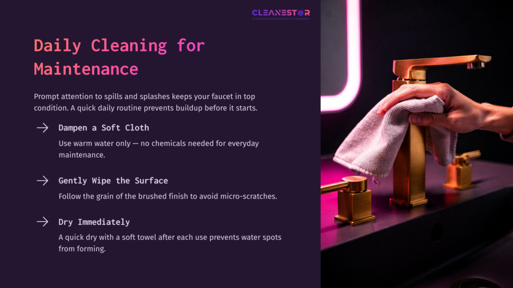 Brushed Gold Faucet With A Hand Holding A Cloth, Illuminated By Pink Lighting; Maintenance Tips Listed Alongside.
