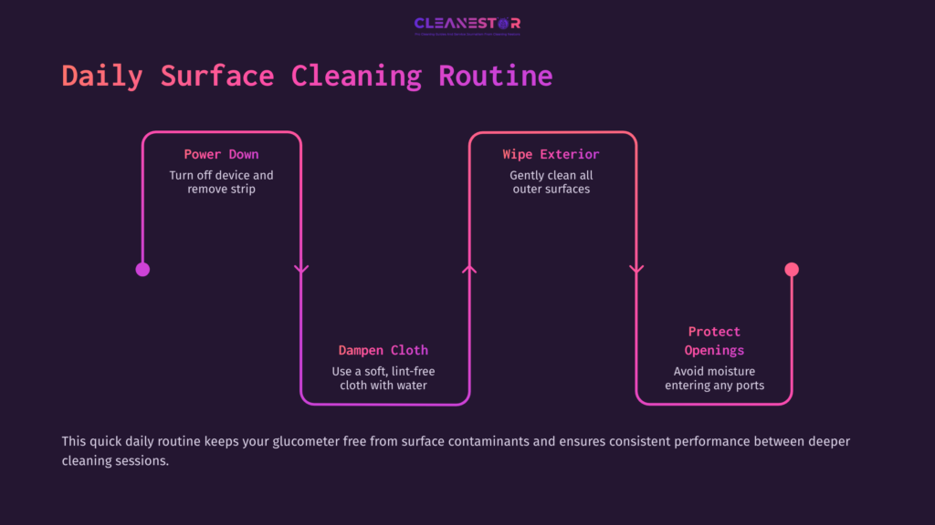 5 Daily Surface Cleaning Routine Daily Cleaning Routine For A Glucometer, Featuring Steps: Power Down, Dampen Cloth, Wipe Exterior, And Protect Openings, On A Dark Background.