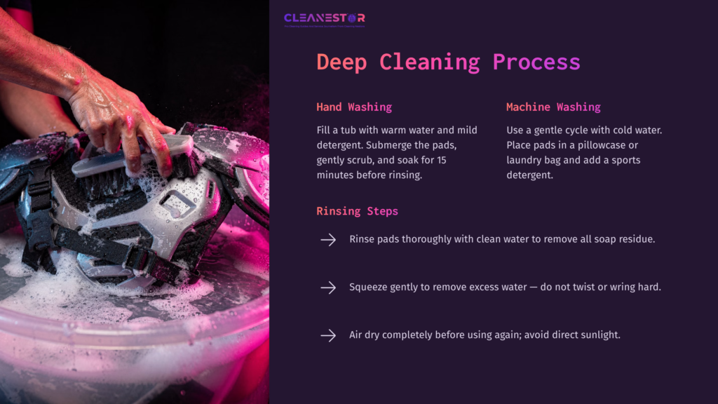 A Washing Basin Filled With Warm Water And A Football Pad, Demonstrating The Deep Cleaning Process With Soap Suds And Pink Lighting.