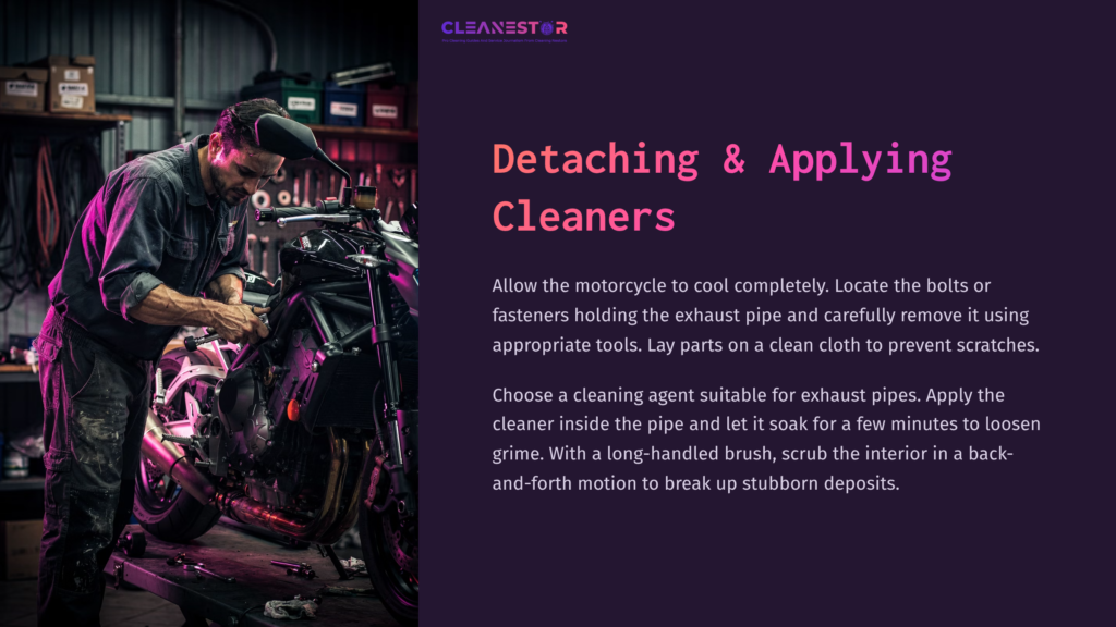 5 Detaching And Applying Cleaners A Mechanic In A Dim Workshop Detaches An Exhaust Pipe From A Motorcycle, Surrounded By Tools And A Cleaning Cloth.