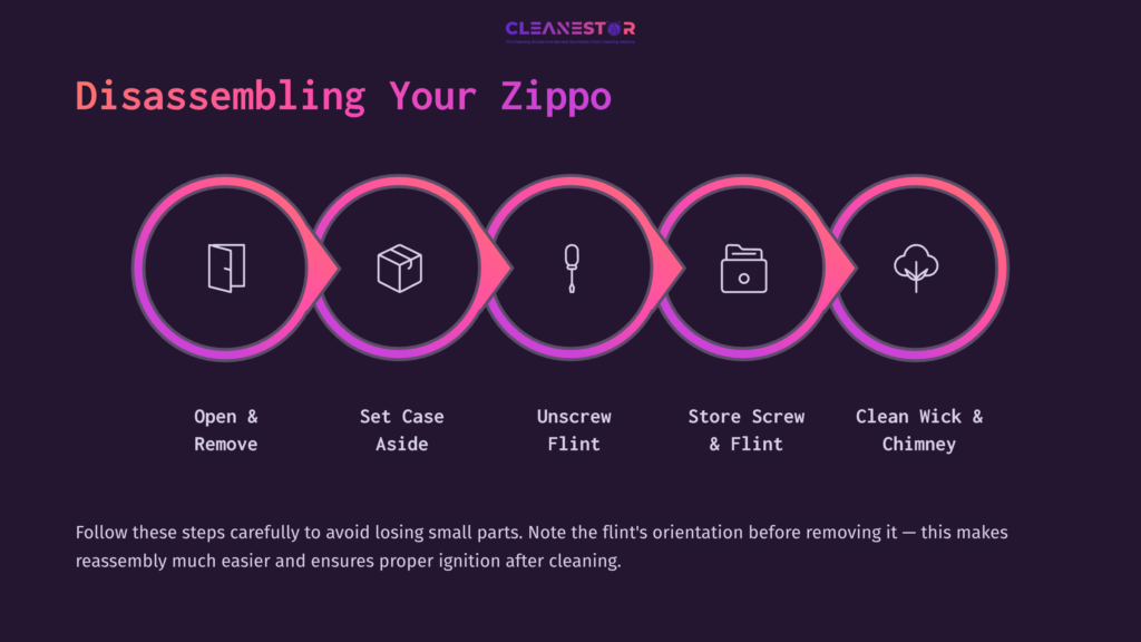Five Pink Steps In A Wavy Layout: 1. Open &Amp; Remove; 2. Set Case Aside; 3. Unscrew Flint; 4. Store Screw &Amp; Flint; 5. Clean Wick &Amp; Chimney. Dark Background With White Text.