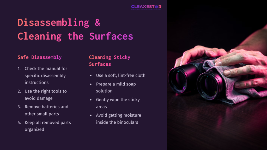 A Pair Of Black Binoculars On A Dark Cloth, With A Hand Gently Holding Them, Alongside Cleaning Instructions And Safety Tips In Purple Text.