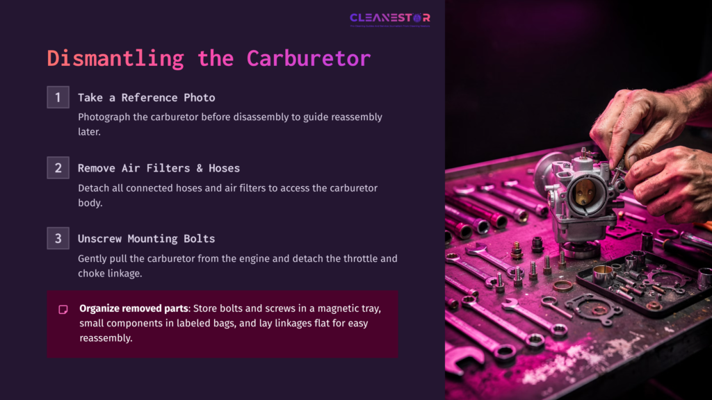 Close-Up Of A Disassembled Carburetor On A Purple Workbench, Surrounded By Tools And Organized Components, With Instructions For Cleaning.