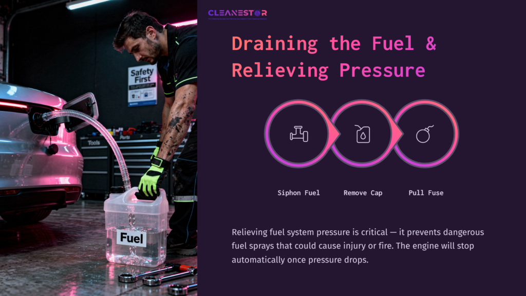 A Mechanic Siphoning Fuel From A Car Into A Transparent Container Labeled 'Fuel,' With Safety Gear And Tools Visible In A Workshop Setting.