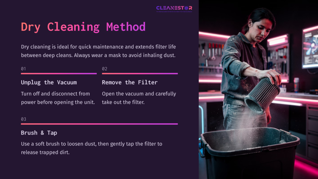A Person In A Dark Room Cleaning A Ridgid Shop Vac Filter In A Bucket, Surrounded By Vibrant Neon Lighting And Step-By-Step Instructions.